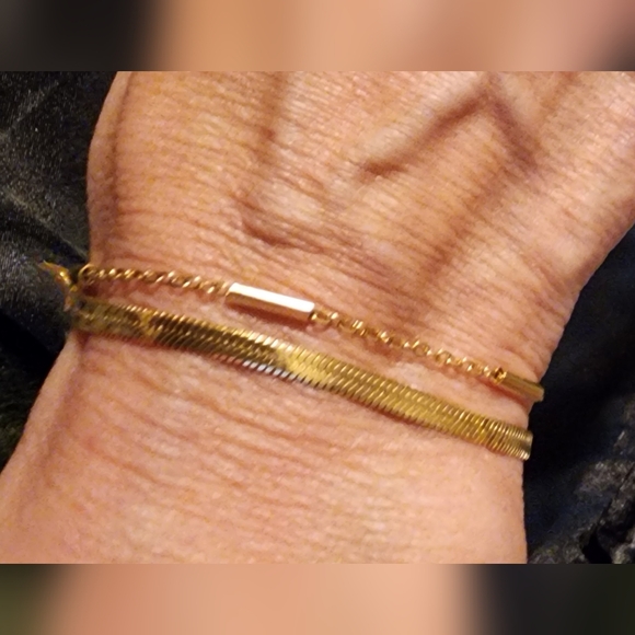 Slide Jewelry Stainless Double Layer Gold Herringbone & Link Bracelet. NIB - Picture 6 of 9